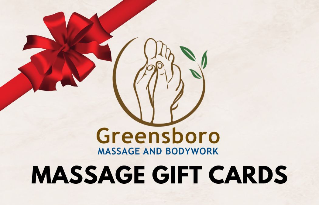 Image of Greensboro Massage and Bodywork Gift Card, with white background, Greensboro Massage and Bodywork Logo over text reading 