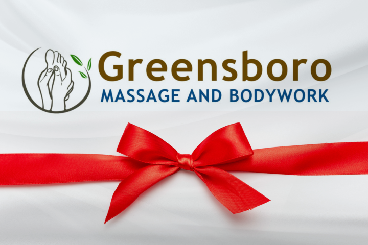 Image of Greensboro Massage and Bodywork Gift Card, with white background, Greensboro Massage and Bodywork Logo at the top, and a big red bow in the middle.